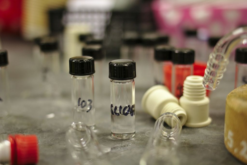 Labelled sample vials on a laboratory bench